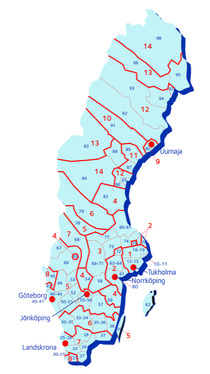 Ruotsin kartta: Ruotsin postinumeroalueet ja DSV:n terminaalit